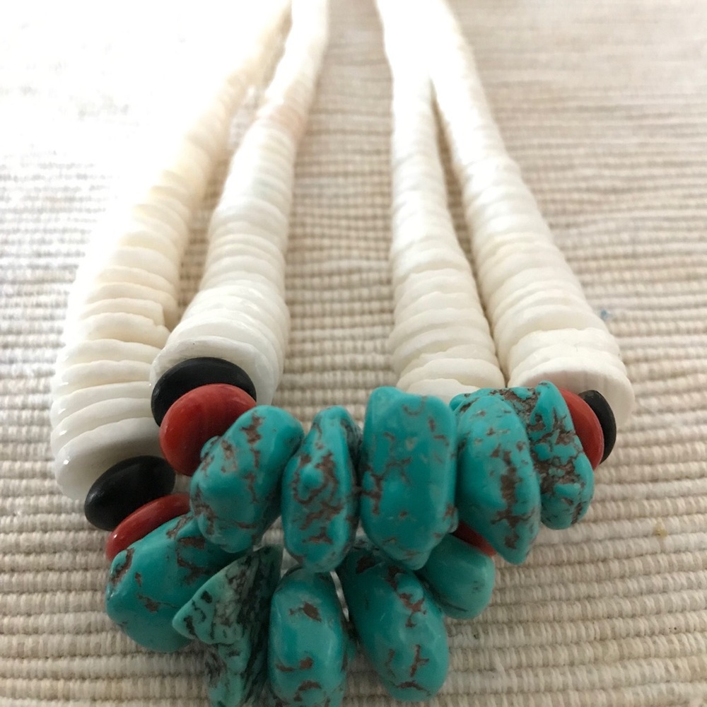 Unique shell, coral and turquoise necklace